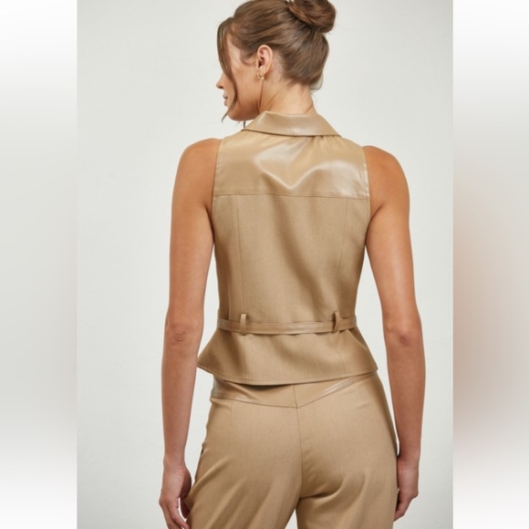 A48. Tan Faux Leather Belted Vest & Pants Set - Picture 2 of 8